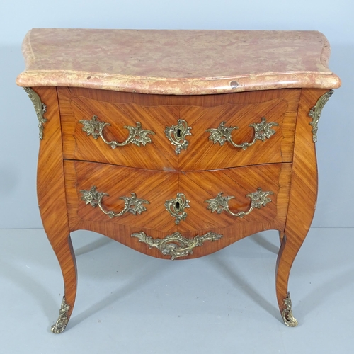 2177 - A French Kingwood and marble topped bombe commode chest of two drawers, with brass mounts. 96x88x54c... 