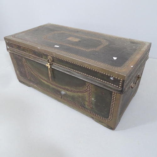 2184 - An antique leather and brass covered camphor-wood chest, with brass plaque inscribed 1799. 78x35x39c... 