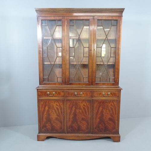 2188 - A Georgian style flame mahogany 2-section bookcase with 3 glazed doors, 3 drawers and 3 cupboard doo... 