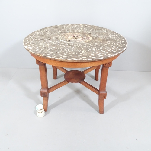 2191 - An antique circular mother-of-pearl and bone inlaid centre table on modern mahogany base. 85x61. A/F... 