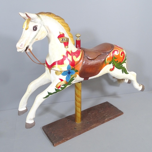 2221 - A genuine Vintage fairground carousel horse with metal pole and platform stand. 150x118x36cm