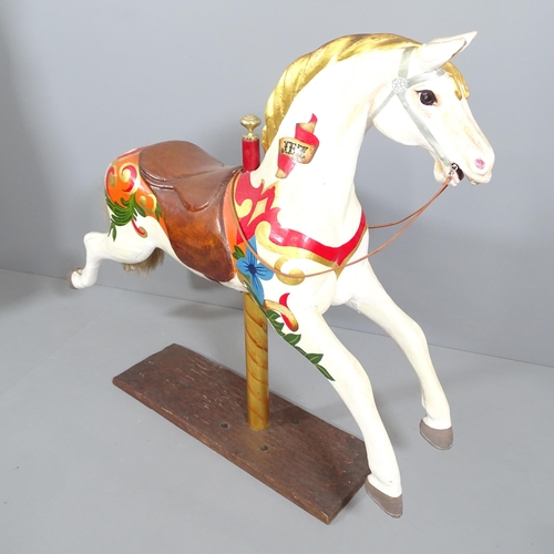 2221 - A genuine Vintage fairground carousel horse with metal pole and platform stand. 150x118x36cm