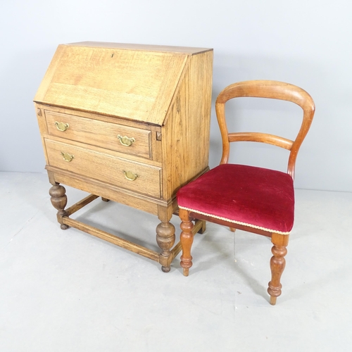 2516 - A modern oak bureau, with fall front, two drawers below and raised on turned legs, 78x98x45cm, and a... 