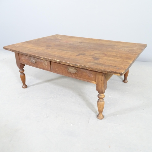 2532 - A Japanese elm low table, with two frieze drawers and raised on turned legs. 85x32x59cm.