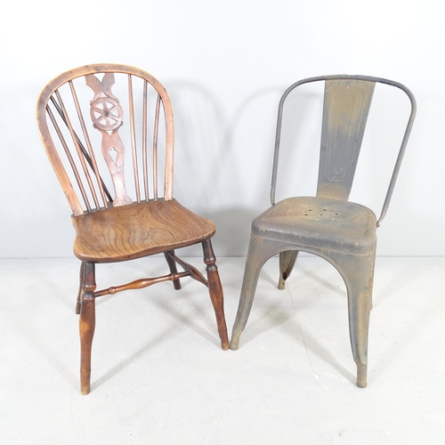 2534 - A Tolix style bistro chair, and an elm seated wheelback dining chair (2).