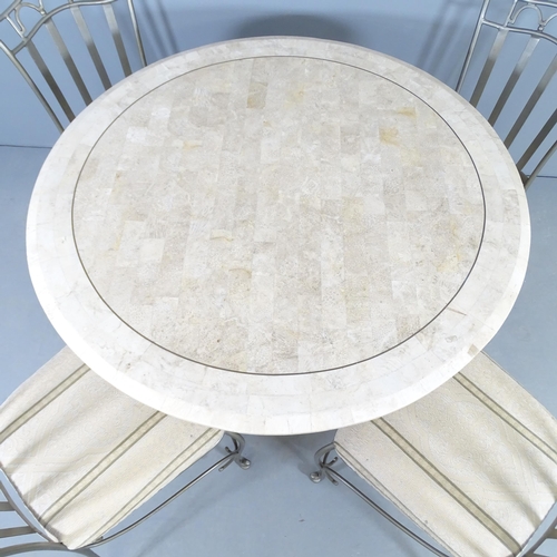 2547 - A modern marble effect circular topped table on wrought metal base, 115x76cm, with four matching cha... 