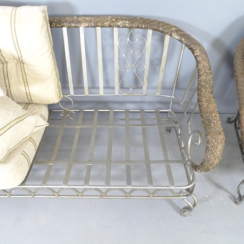 2548 - A modern wrought metal conservatory suite comprising a two seater settee, 184x95x90cm, a matching ar... 