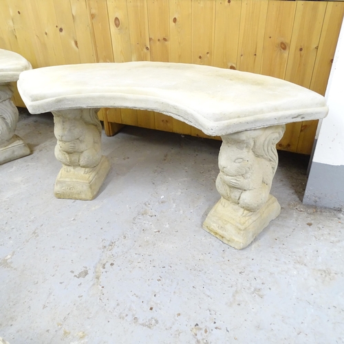 2555 - A modern concrete three-section curved garden bench with squirrel supports. 103x44x46cm.