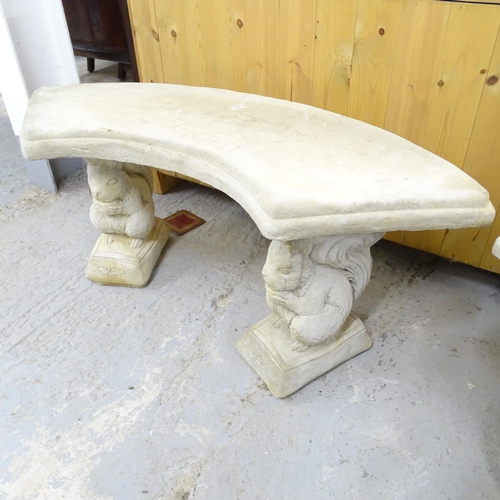 2556 - A modern concrete three-section curved garden bench with squirrel supports. 103x44x46cm.