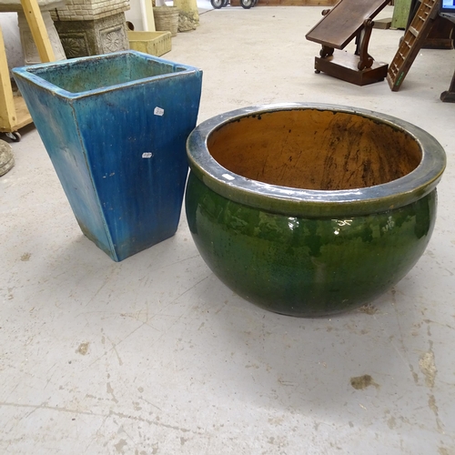 2638 - 2 large glazed garden pots. 52x33cm and 30x44cm