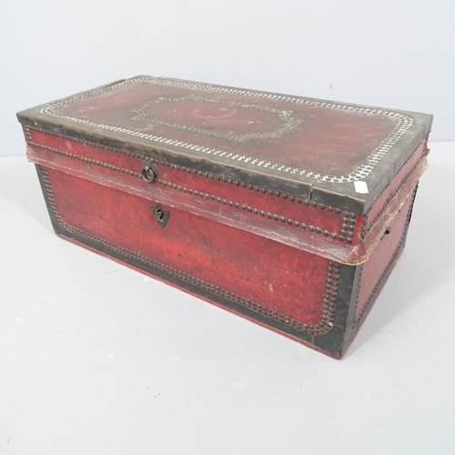 2238 - An antique camphorwood chest, covered with brass-studded leather. 61x26x31cm.