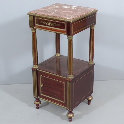 2259 - A French mahogany and marble topped pot cupboard, with brass mounts. 41x88x39cm.