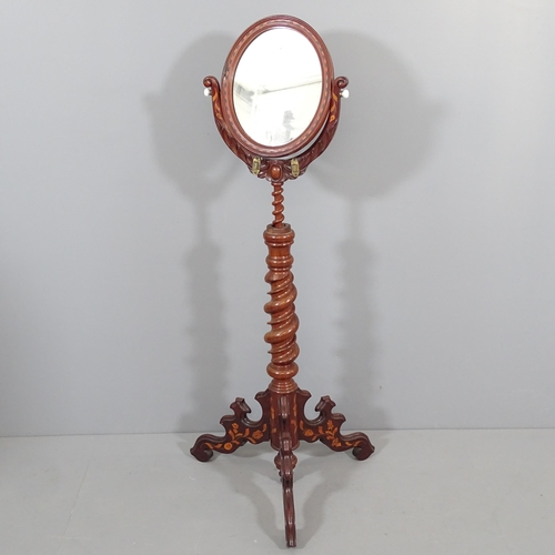 2264 - An Victorian mahogany shaving mirror on stand, with spiral turned column on tripod base and marquetr... 