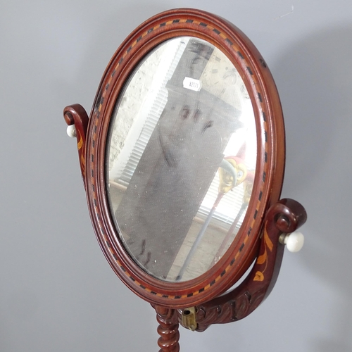 2264 - An Victorian mahogany shaving mirror on stand, with spiral turned column on tripod base and marquetr... 