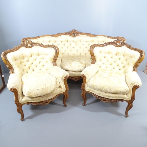 2269 - A French walnut and upholstered three-piece lounge suite comprising a three-seater settee, Overall 2... 