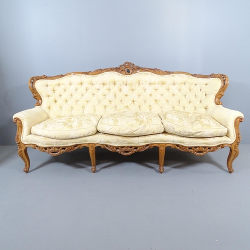 2269 - A French walnut and upholstered three-piece lounge suite comprising a three-seater settee, Overall 2... 