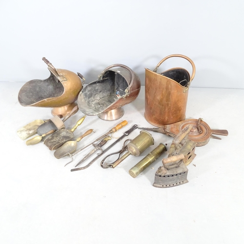 2581 - Three various copper coal scuttles, bellows, a bayonet etc.