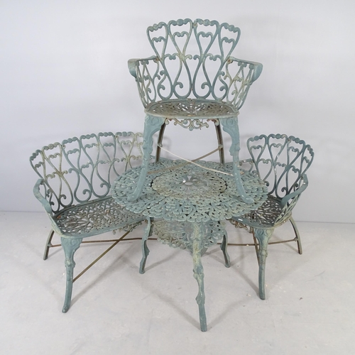 2598 - A painted cast iron two-tier circular garden table, 79x66cm, a matching bench and two chairs (4).