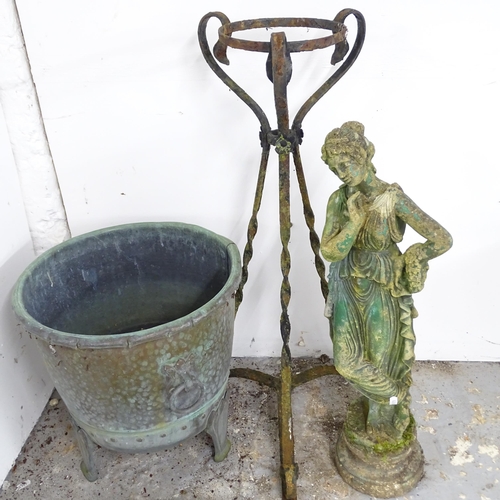 2603 - A patinated copper planter, 38x39cm, a stand and a weathered stone figure of a lady (3).