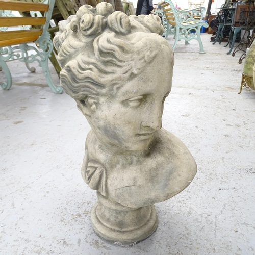 2610 - A weathered concrete bust, study of a lady. Height 55cm.