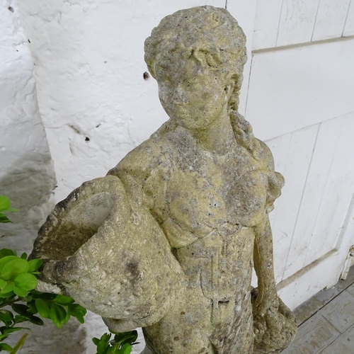2618 - A weathered concrete garden statue, study of a lady, on associated garden plinth. Height overall 98c... 