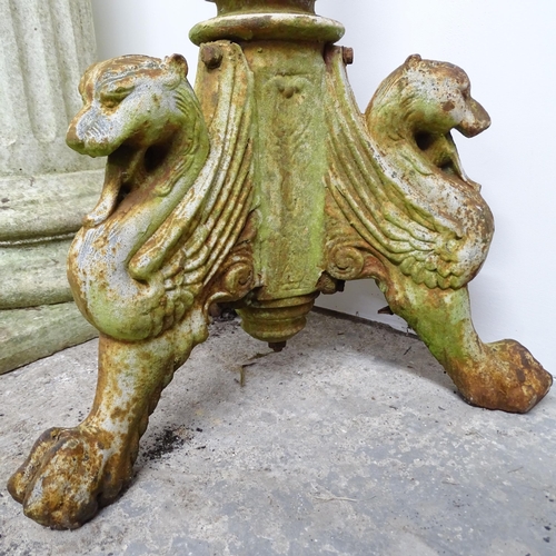 2623 - A pair of cast iron torchere stands, raised on griffin legs. Height 122cm.