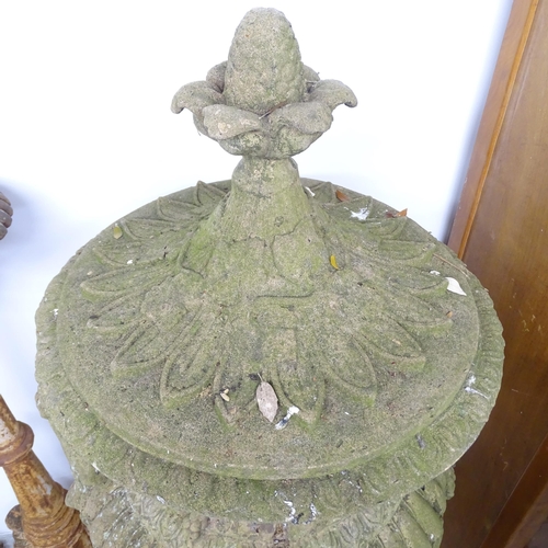 2624 - A weathered concrete three section garden urn. Height 150cm.