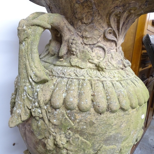 2624 - A weathered concrete three section garden urn. Height 150cm.