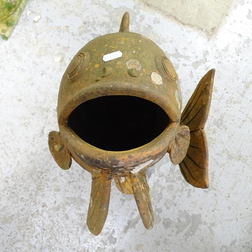 2625 - A weathered terracotta carp fish garden ornament. Height 54cm.