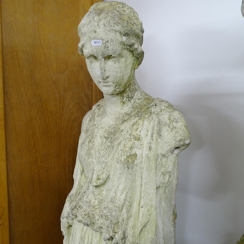 2628 - A weathered painted concrete garden statue, study of a classical female. Height 155cm.