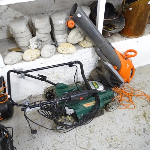 2647 - A Flymo leaf blower and a Webb electric lawnmower.