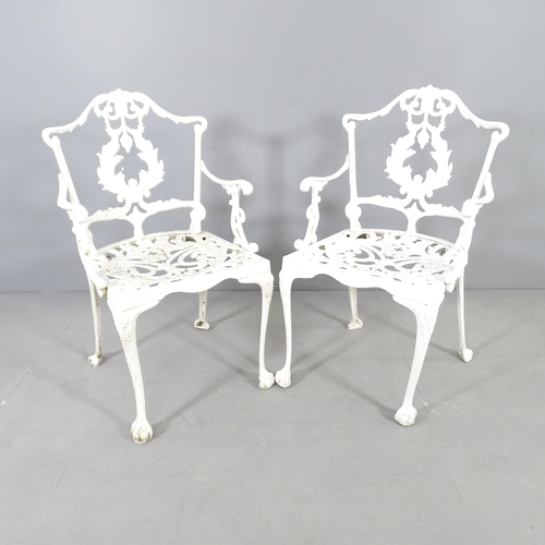 2656 - A pair of painted aluminium garden chairs, with foliate decoration and claw and ball feet.