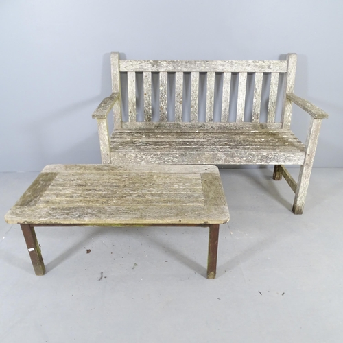 2660 - A weathered teak slatted garden bench with label for Barlow Tyrie ltd., 120x85x62cm, and a similar l... 