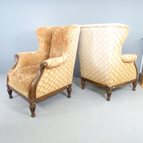 2673 - A pair of mahogany and upholstered George III style wingback armchairs. Overall 89x112x95cm, seat 53... 