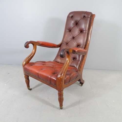 2674 - A mahogany and red button-back leather upholstered slipper chair.