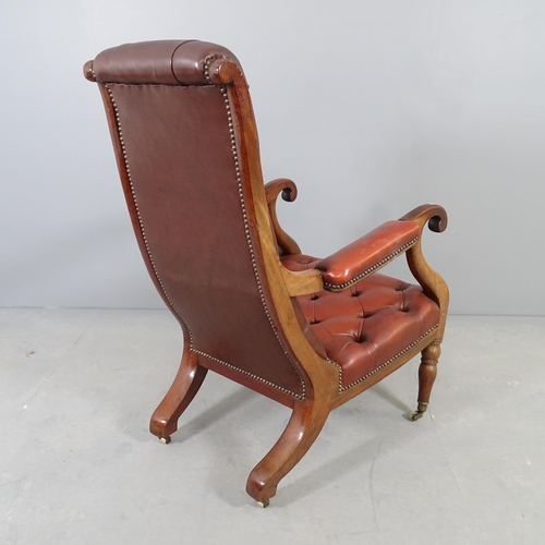 2674 - A mahogany and red button-back leather upholstered slipper chair.