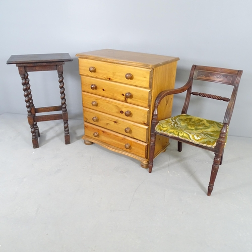 2675 - A 19th century mahogany and upholstered open arm chair, a modern pine chest of five drawers 76x86x43... 