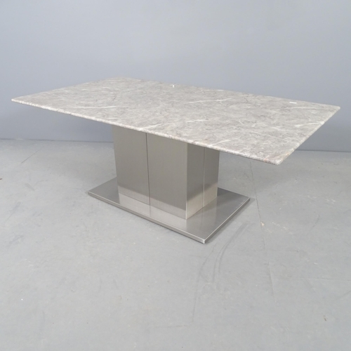 2686 - A modern marble coffee table on brushed steel pedestal base. 110x42x60cm.