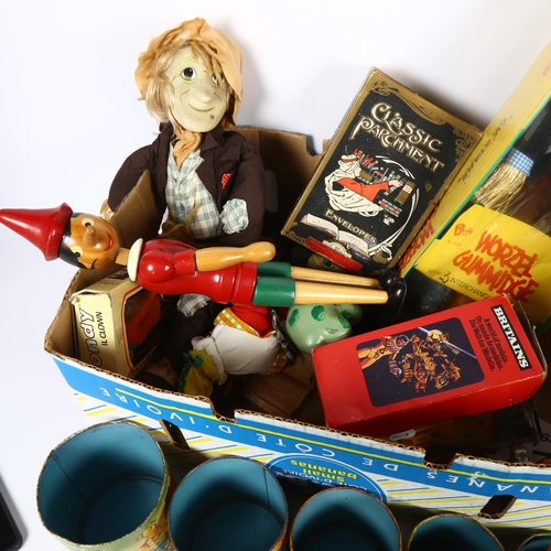 44 - A box of Vintage toys, to including a boxed Worzel Gummidge, with 4 inter-changeable heads, by Bendy... 