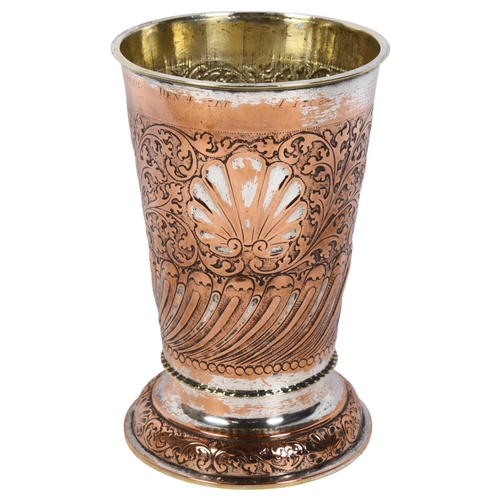 263 - An Antique German partial silver plate on copper chalice/cup, with shell leaf scrolled decoration on... 