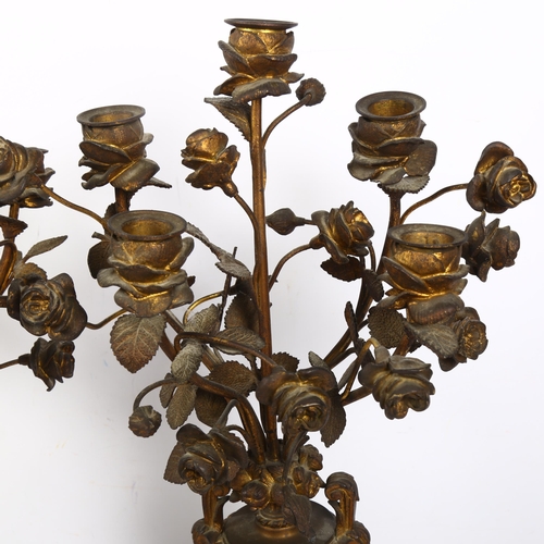 266 - A pair of 19th century gilt-bronze table candelabras, each having 5 floral decorated spray arms on c... 