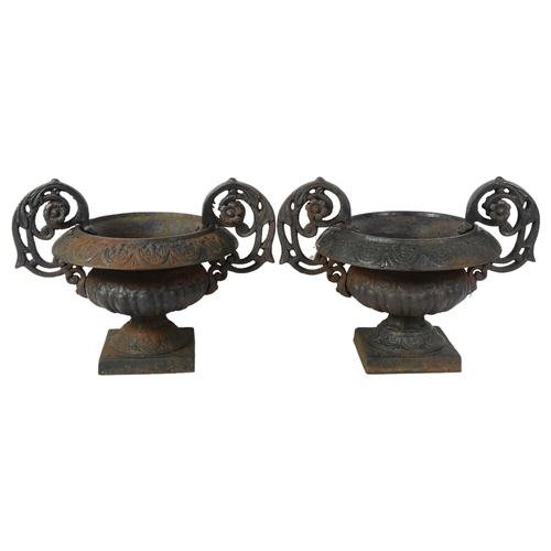 268 - A pair of 2-handled cast-iron urns on square plinths, height to the top of the handle 31cm, W42cm ov... 