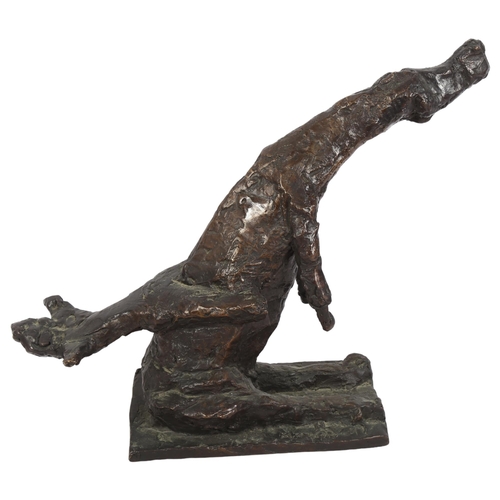 274 - A mid-century abstract bronze sculpture of a man on a rearing horse, signed Marino? to the base, wit... 