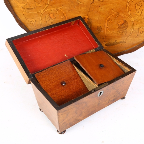 277 - A Victorian mahogany and marquetry decorated circular serving tray with brass handles, and a mahogan... 