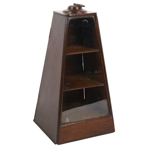 279 - An unusual Antique mahogany display cabinet of triangular form, brass ring carrying handle, glazed f... 