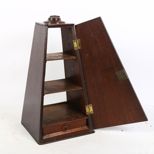 279 - An unusual Antique mahogany display cabinet of triangular form, brass ring carrying handle, glazed f... 