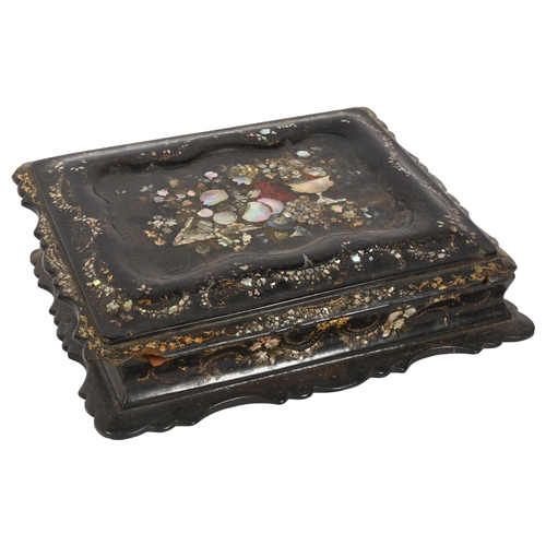286 - A Victorian papier mache and mother-of-pearl decorated writing slope, W34cm