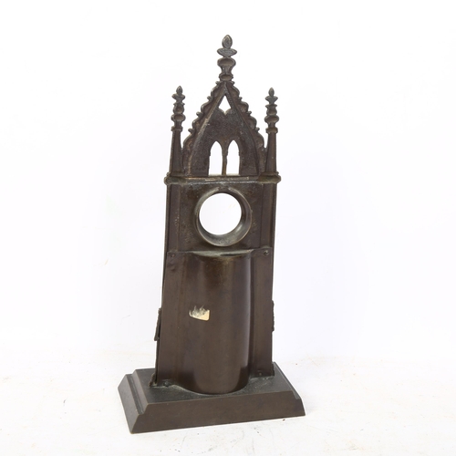 290 - A cast-brass Gothic design pocket watch stand, with a figure in a plumed hat, H39cm