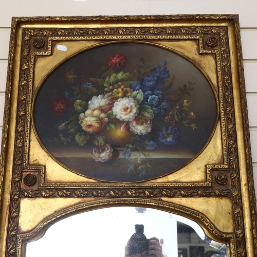 298 - A composite gilded pier glass mirror, with a still life panel to the top, 141 x 65cm