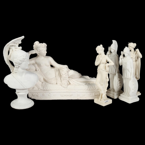 304 - A group of 6 alabaster and plaster Classical figures, including Minerva, and a reclining semi-nude (... 